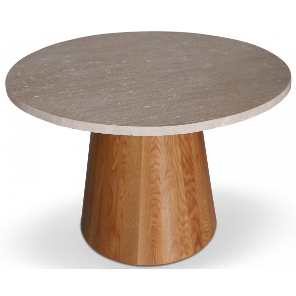 Table à manger en chêne huilé avec plateau en pierre beige Ø105 cm Table à manger en chêne huilé avec plateau en pierre beige Ø105 cm