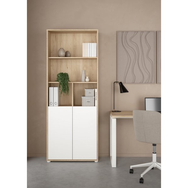 Bibliothèque haute Sign avec 2 portes - Blanc/hickory Bibliothèque haute Sign avec 2 portes - Blanc/hickory