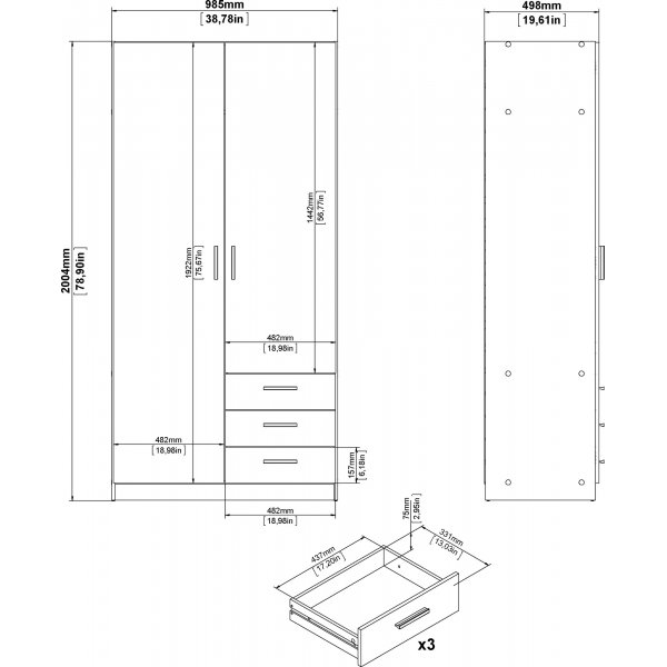 Sprint garderob med 2 dörrar och 3 lådor - Grå Sprint garderob med 2 dörrar och 3 lådor - Grå