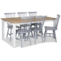 Österlen matgrupp, Klassiskt 180 cm matbord i vit/ek med 6 st gråa pinnstolar Österlen matgrupp, Klassiskt 180 cm matbord i vit/ek med 6 st gråa pinnstolar