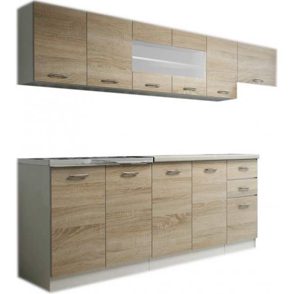 Perla complete keuken 260 cm - Sonoma eiken/wit/zand