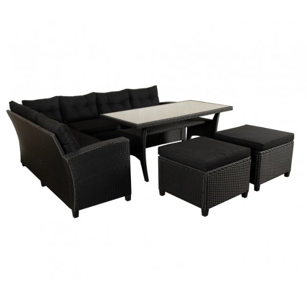 New York utegrupp; hörnsoffa med bord och fotpallar - Svart konstrotting New York utegrupp; hörnsoffa med bord och fotpallar - Svart konstrotting